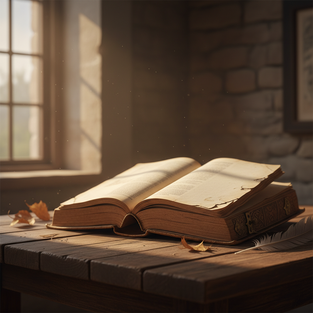 책을 펼쳐놓은 평온한 테이블 위의 풍경