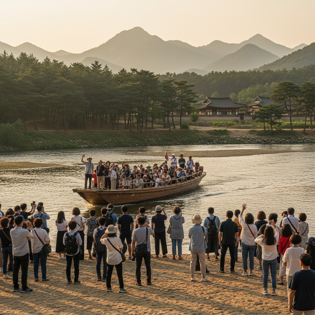 청령포로 향하는 작은 나룻배와 기다리는 사람들