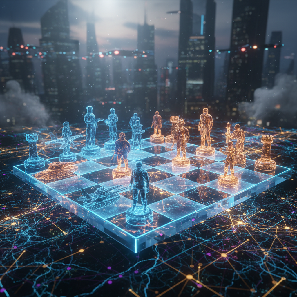 체스판 위에 놓인 군사 체계와 인공지능 로고