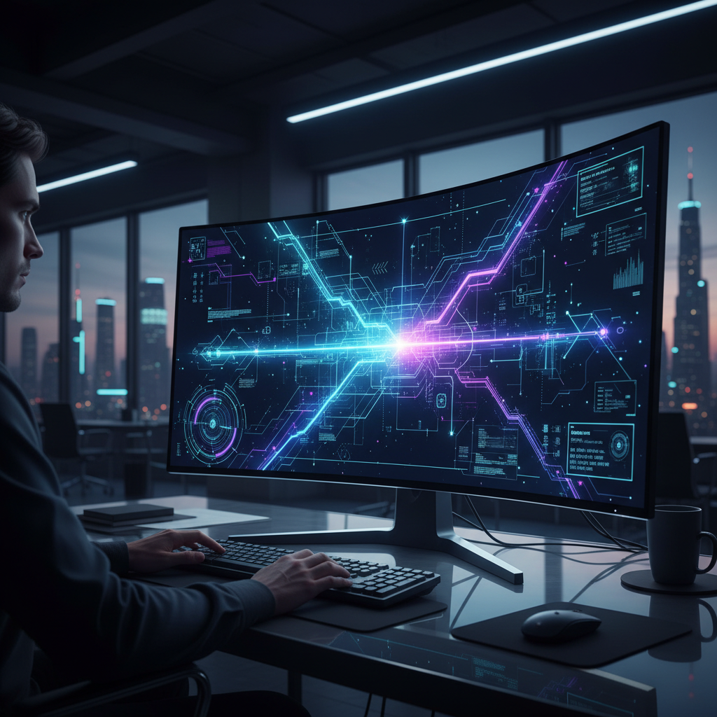 최신형 인공지능 인터페이스가 떠 있는 모니터 화면