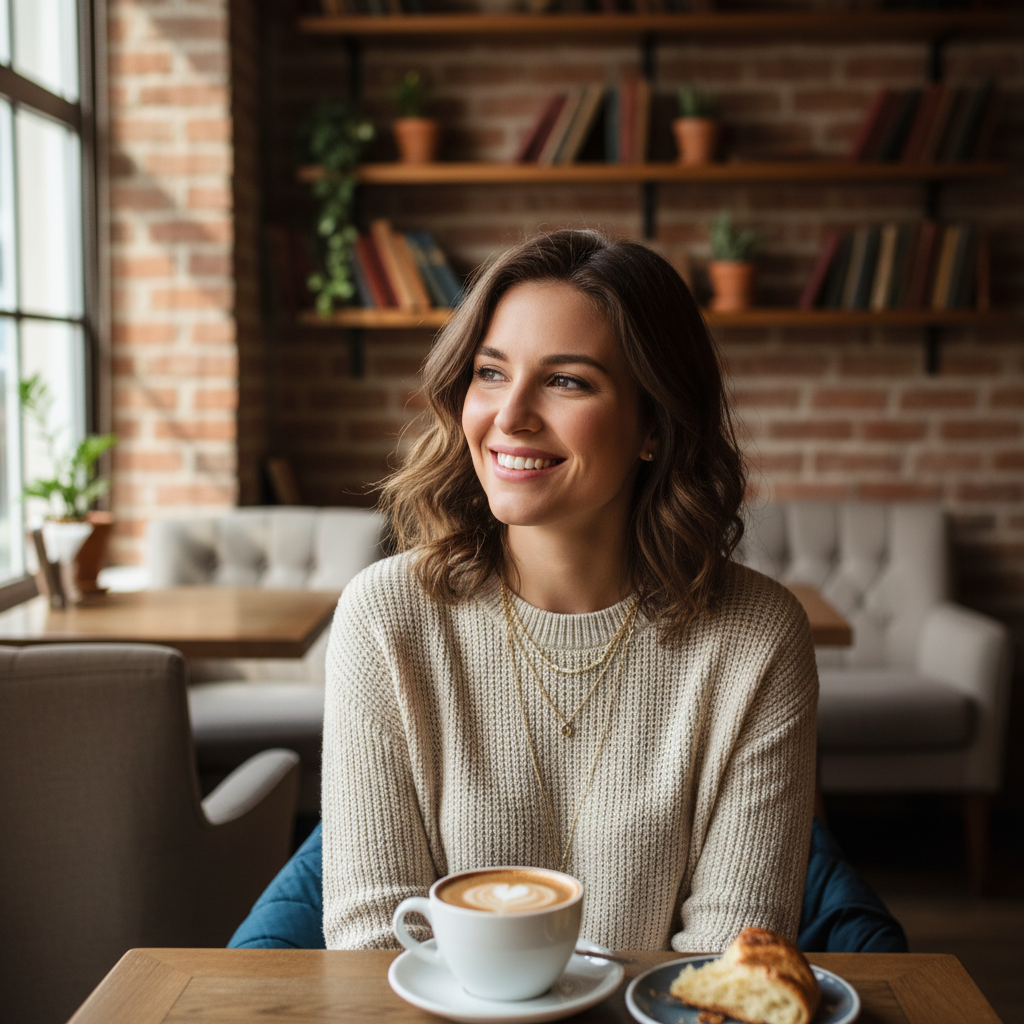 카페에서 커피를 마시며 웃는 여성