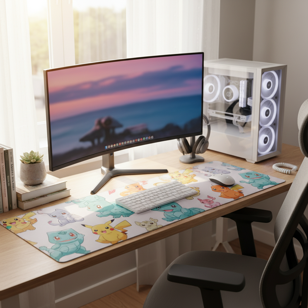 컴퓨터 작업 중인 깔끔한 책상 풍경