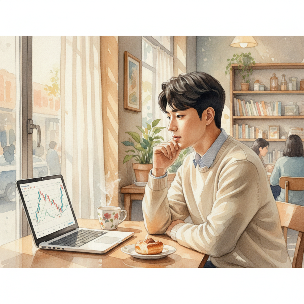 투자 전략을 고민하며 노트북을 보고 있는 한국인 남성