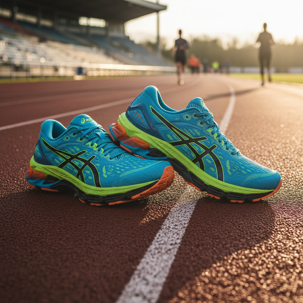 트랙 위를 달리는 아식스 슈퍼블라스트3 운동화 근접샷