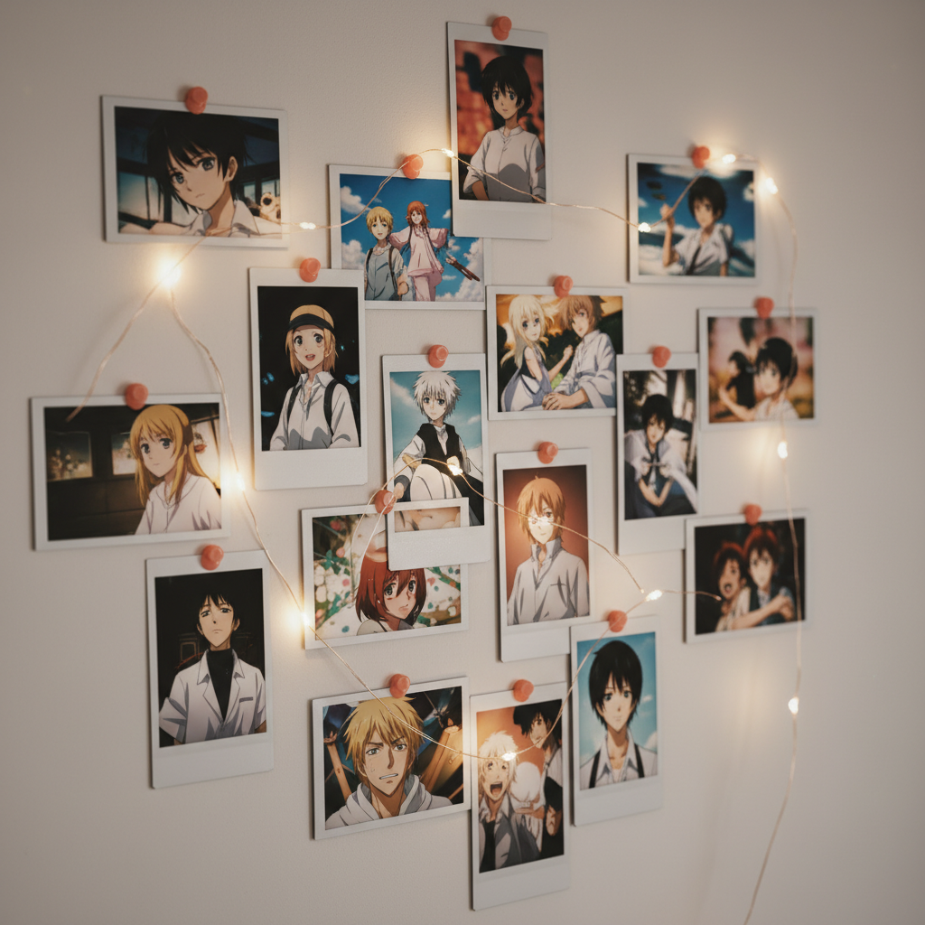 폴라로이드 사진으로 꾸며진 방 벽면