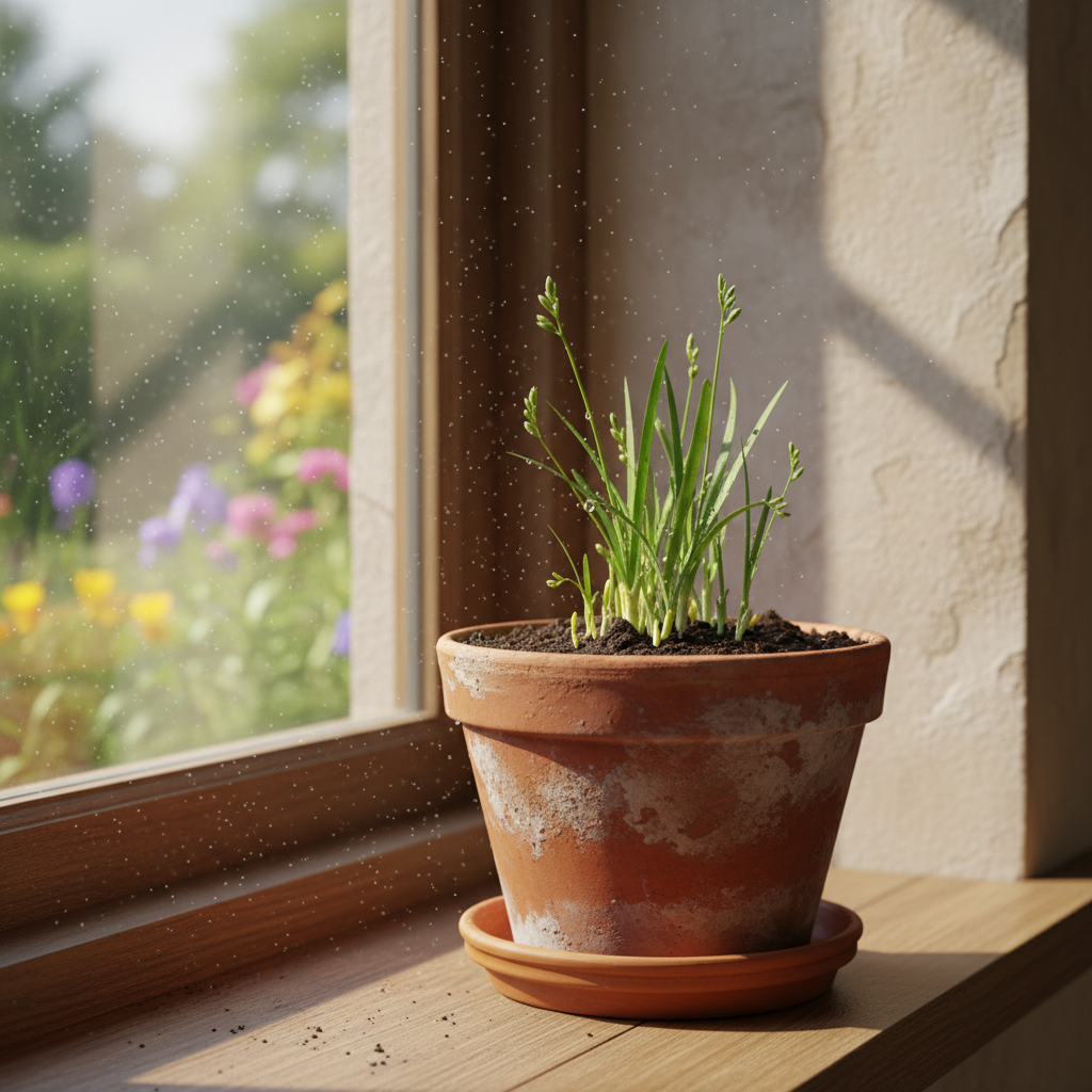 햇살이 들어오는 창가에서 자라는 프리지아