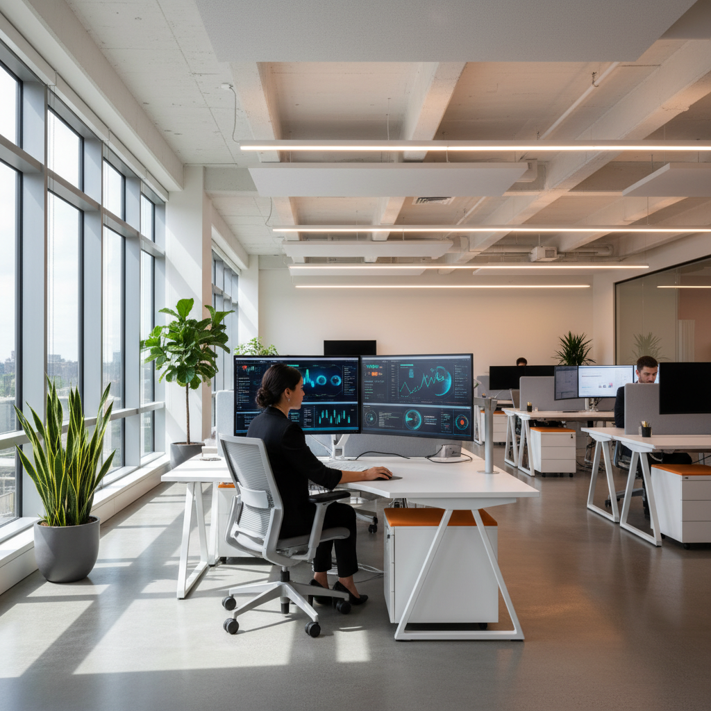 현대적인 오피스 환경에서 대형 스크린으로 데이터를 분석하는 모습