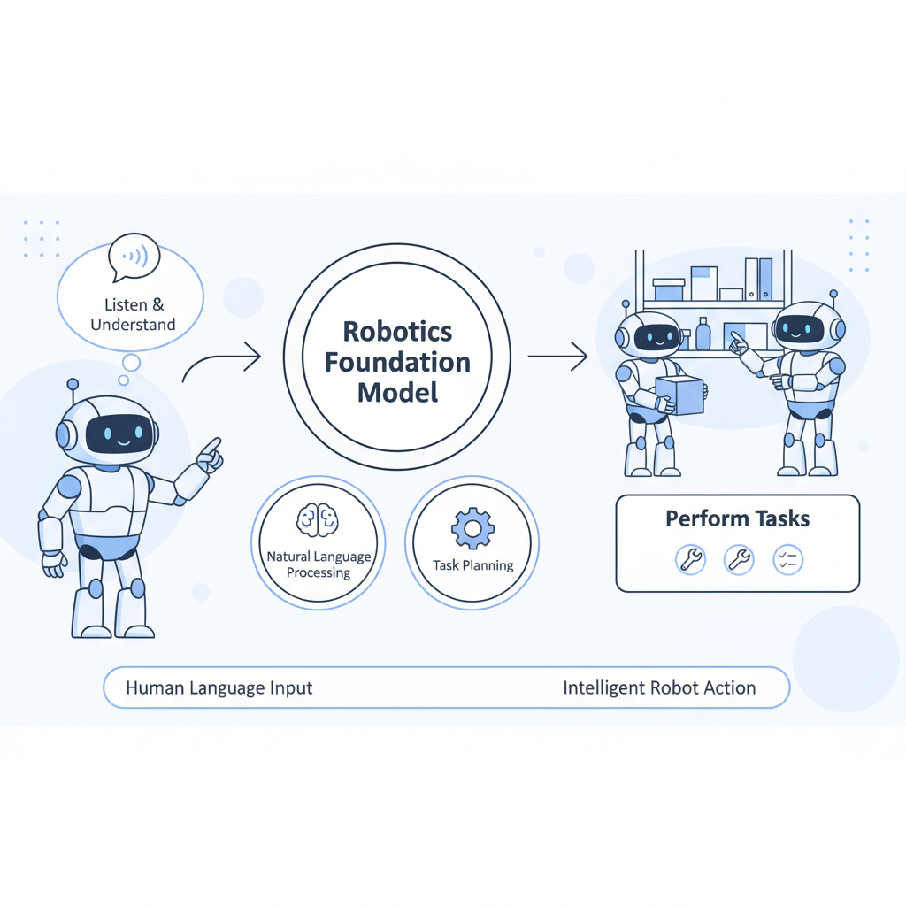 A clean infographic showing a robot understanding human language and performing tasks, with labels for Robotics Foundation Model, natural language processing, and task planning, 4:3