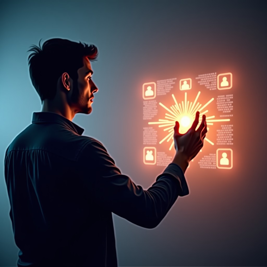 Digital transformation concept, human silhouette interacting with holographic AI interface, warm lighting, modern composition, 4:3 aspect ratio