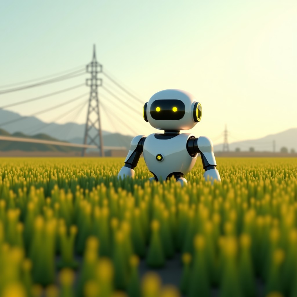A futuristic yet realistic agricultural robot working in a Korean farm field during spring, cinematic lighting, photorealistic, 4:3 aspect ratio