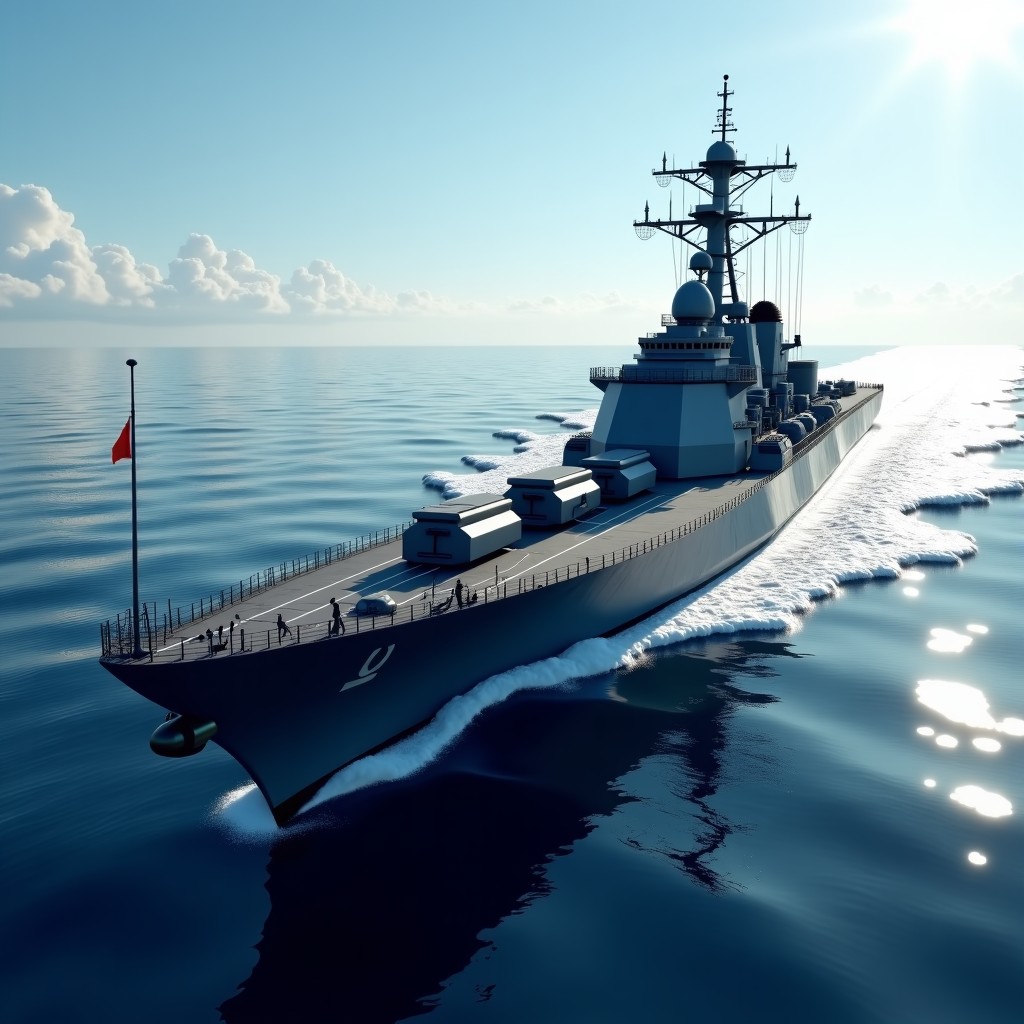 A modern naval battleship on the ocean with advanced AI combat systems, realistic, high-definition, naval warfare concept, 16:9 aspect ratio