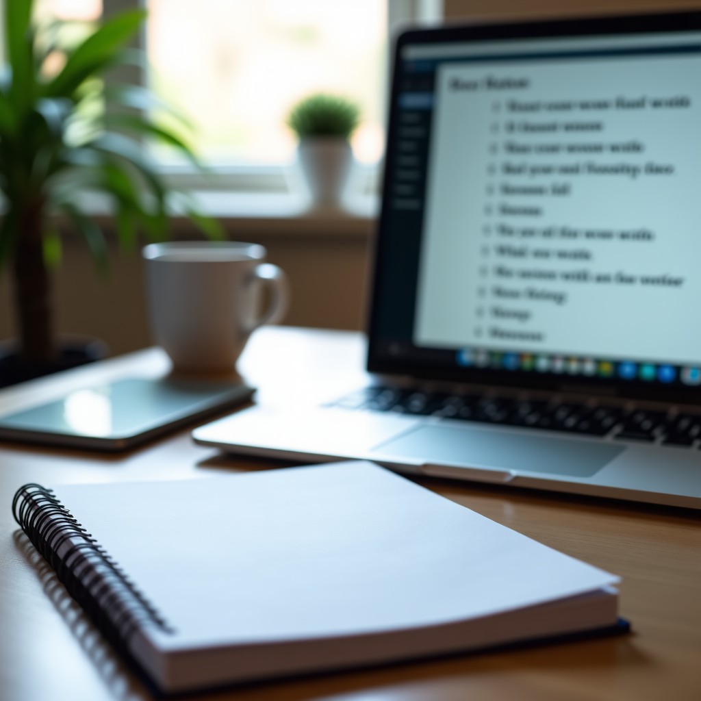 A close up shot of an office desk with a notebook and a laptop displaying organized text and creative writing, professional atmosphere, shallow depth of field, 4:3 aspect ratio