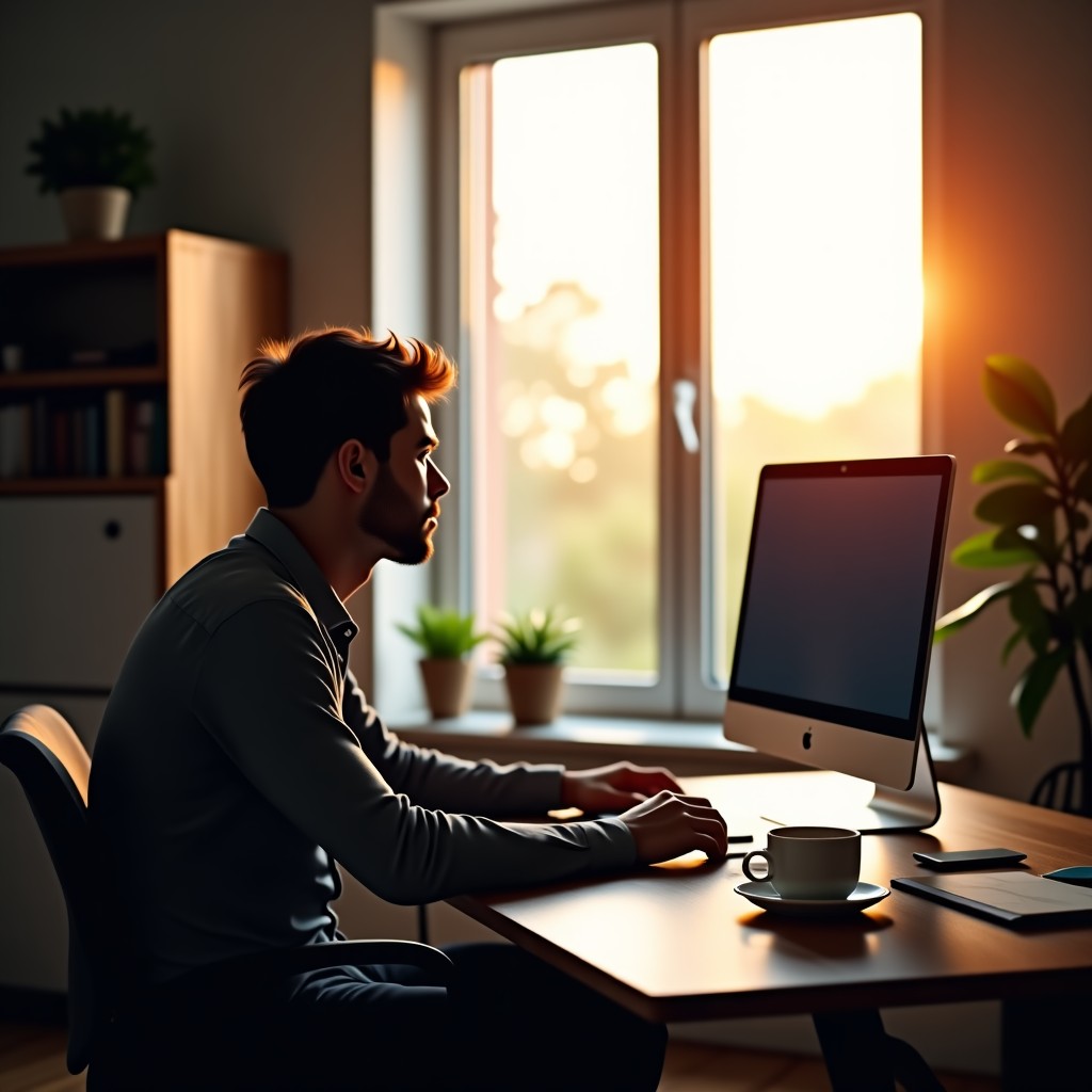 A person working in a quiet home office with a cup of coffee near the window, warm sunlight, focused on digital tasks on a modern screen, 4:3 aspect ratio