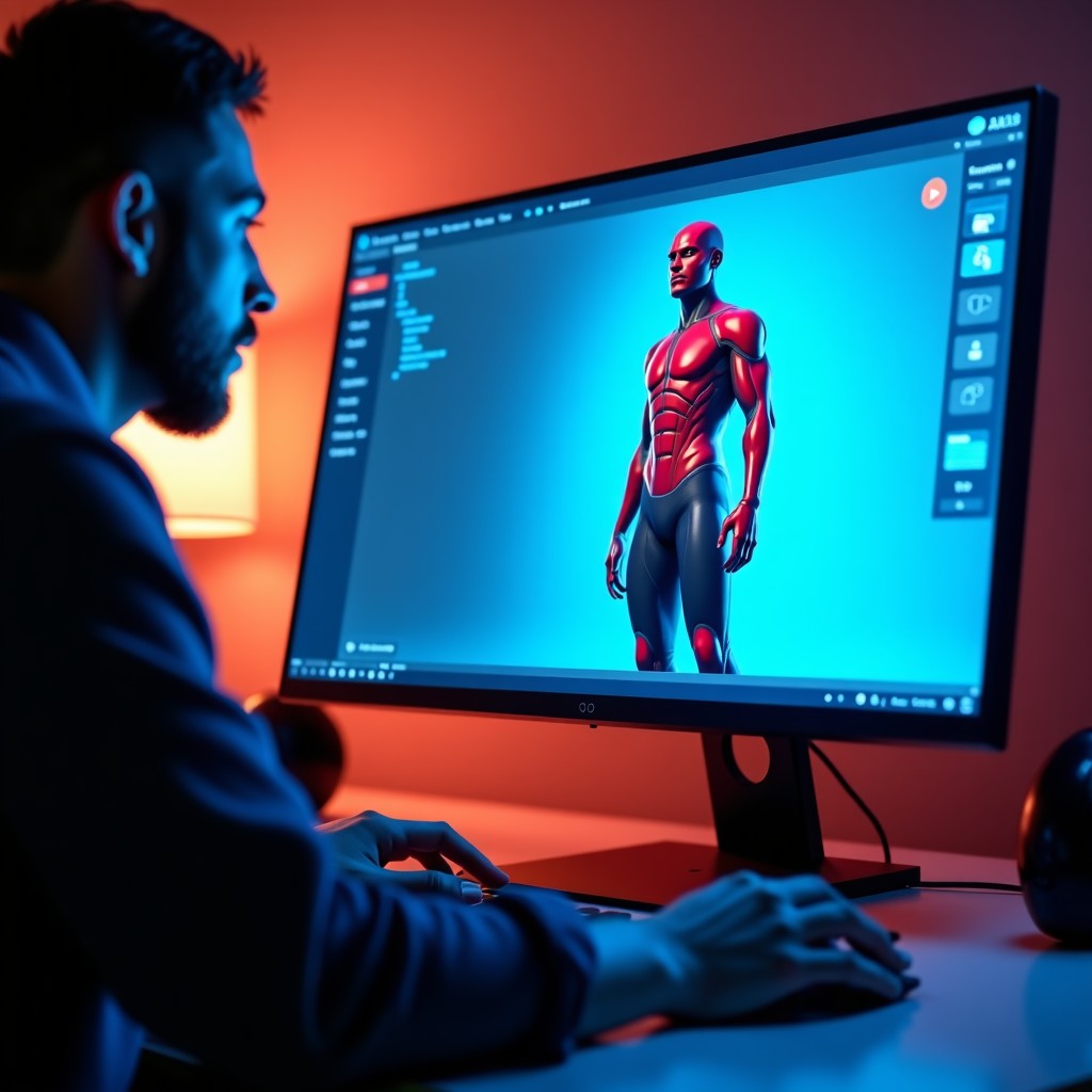 Close up of a computer screen displaying a modern video game character design being edited with futuristic AI tools, professional studio lighting, 4:3