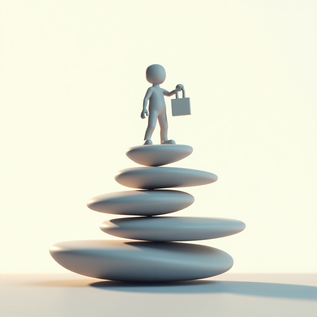 Abstract representation of balance and digital security with a clean futuristic design, neutral colors, 4:3