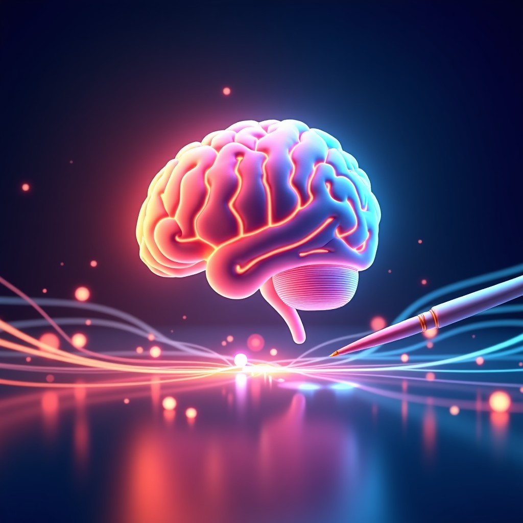 A conceptual illustration showing a digital brain and an artist brush interacting with colorful light waves, professional photography style, 4:3