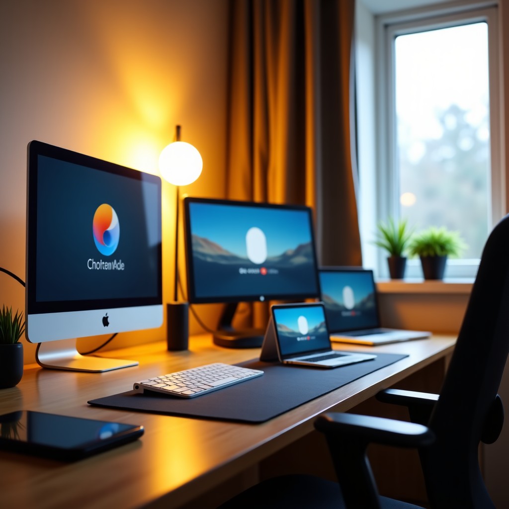 A modern home office with various smart devices connected wirelessly, bright warm interior design, professional photography style, 16:9 aspect ratio.