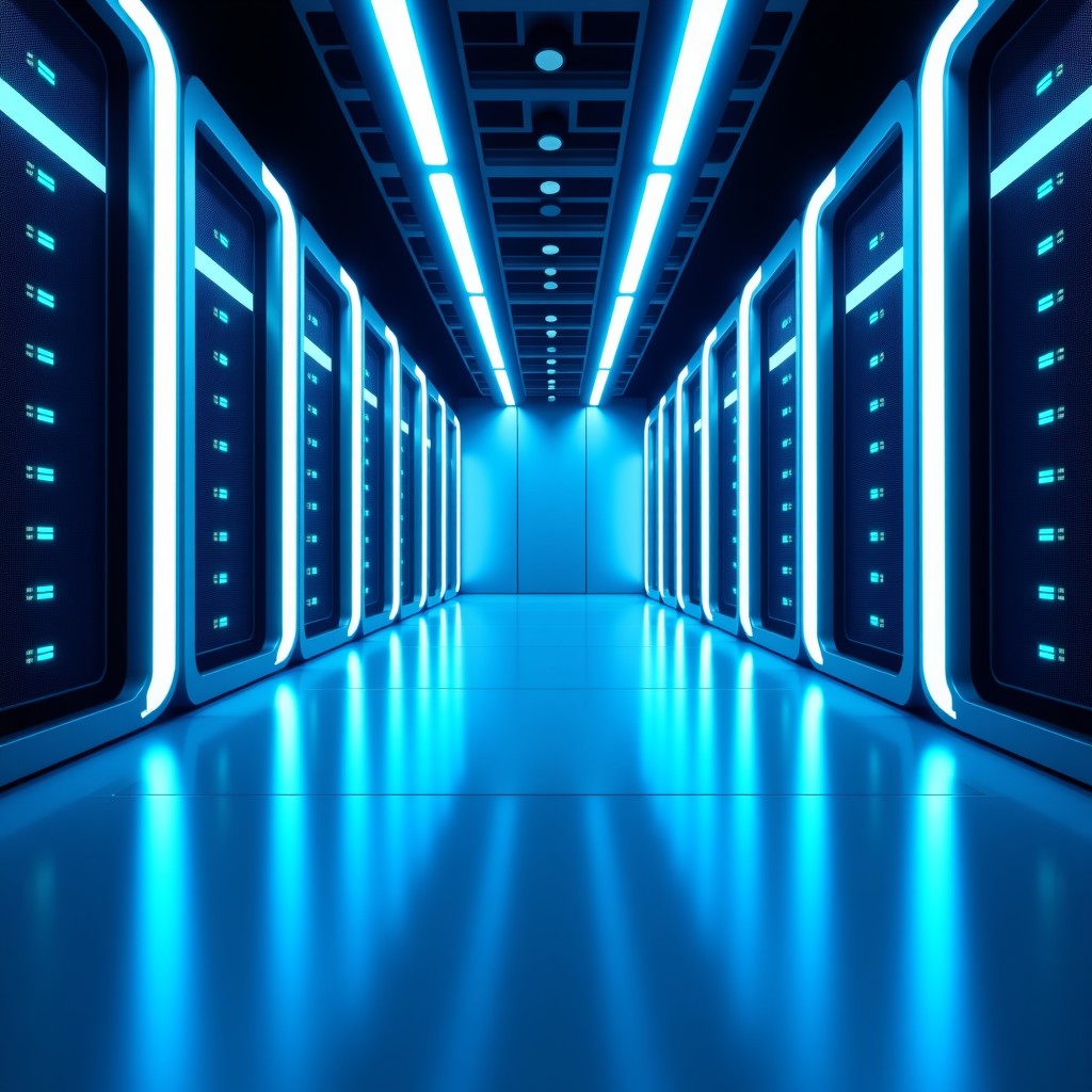 A wide shot of a futuristic server room with glowing blue and white lights, sleek architectural design, photorealistic, high quality, 16:9