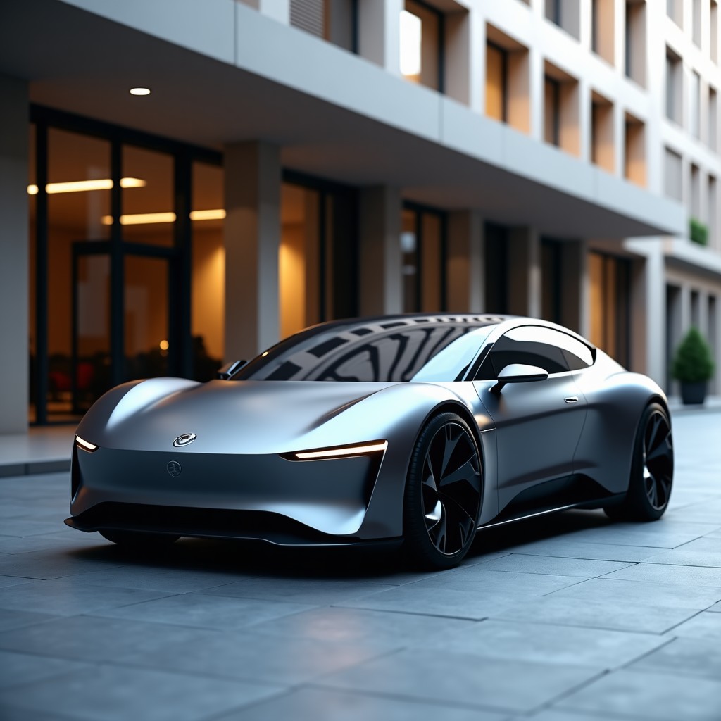 A sleek and futuristic modern electric sedan parked in a clean city environment with a sophisticated atmosphere, natural lighting, high quality automotive photography, 4:3 aspect ratio