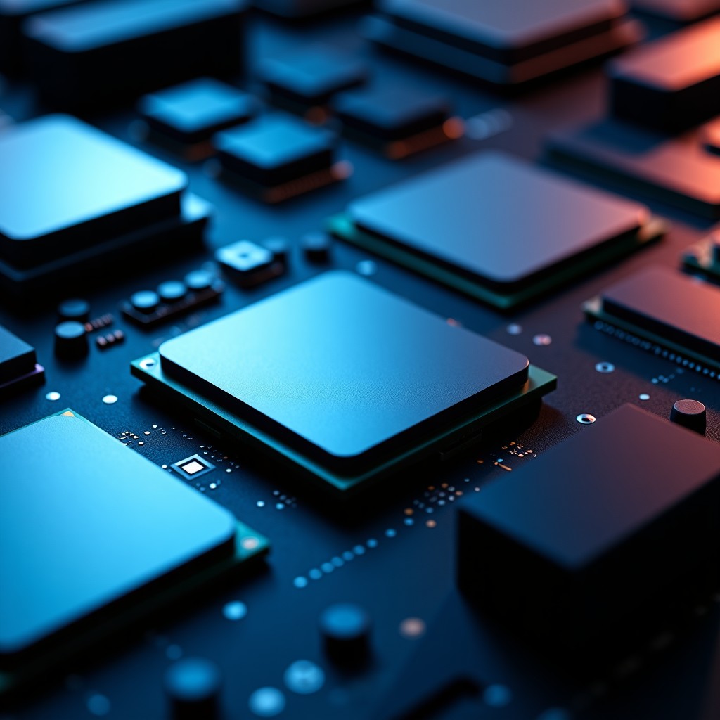 High-angle shot of high-end computer components, including processors and RAM sticks, arranged on a dark professional tech workbench, cinematic lighting, shallow depth of field, 4:3 ratio.