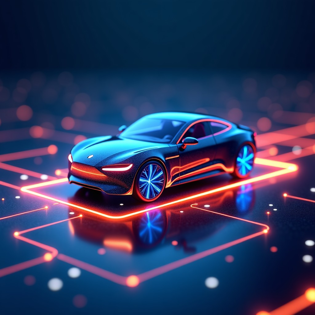 Abstract representation of electric vehicle platform technology, glowing lines and connectivity, high tech digital atmosphere, 4:3 aspect ratio
