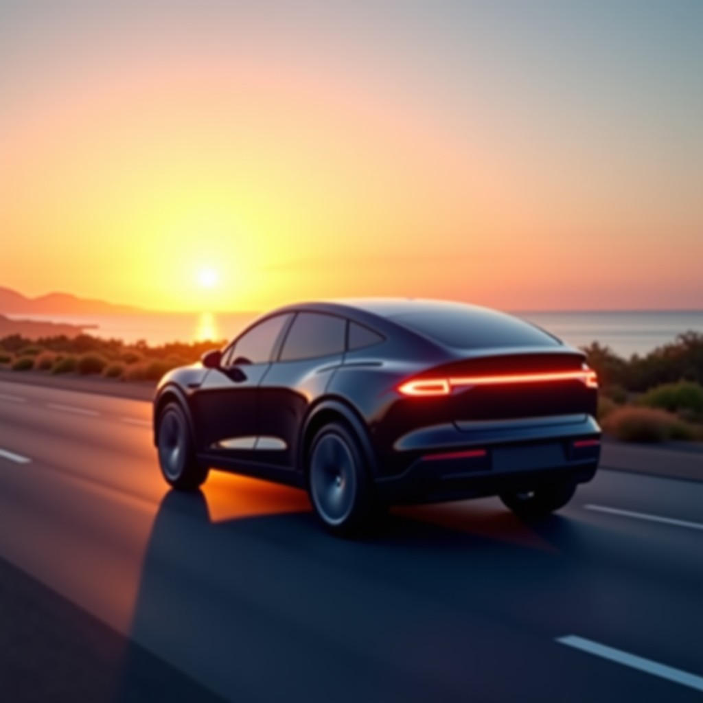 A luxurious electric SUV driving on a smooth coastal road at sunset, cinematic lighting, realistic style, 4:3 aspect ratio
