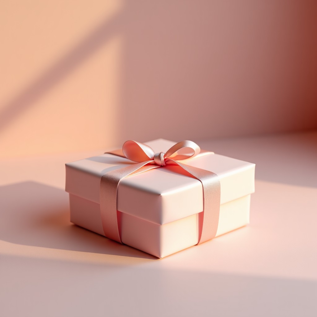 Close-up of a neatly packaged small gift box on a clean textured surface, soft aesthetic, pastel tones, professional product photography, 4:3 aspect ratio.
