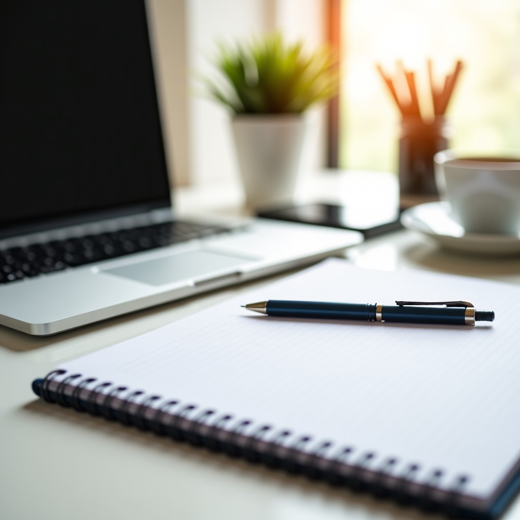 A clean desk space with a notebook and a pen, soft morning light, minimalist aesthetic, focus on writing down plans, high resolution, 4:3 aspect ratio.