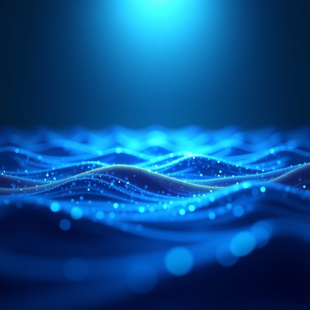 Abstract representation of sound waves underwater, vibrant blue gradients, glowing sonic patterns, digital art, 1:1