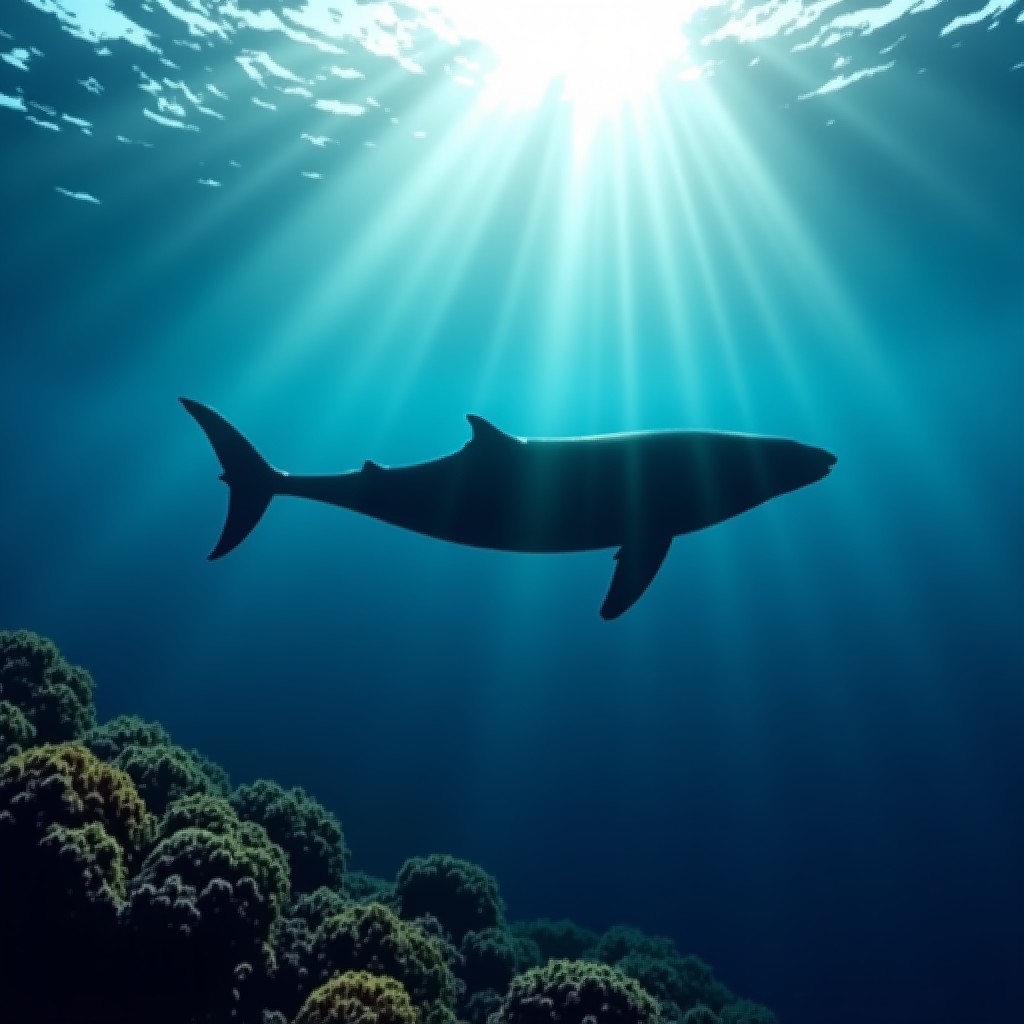 Underwater shot of a whale silhouette near a coral reef, rays of sunlight filtering through water, peaceful ocean atmosphere, realistic, 4:3