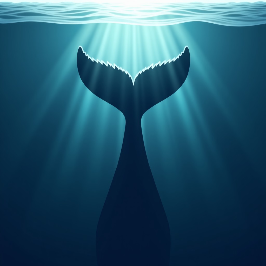 Artistic illustration of a whale tail disappearing into deep ocean, ethereal light rays, calm water texture, serene composition, 1:1