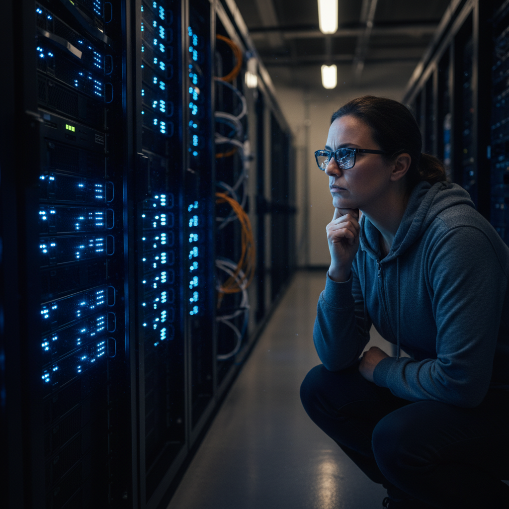 서버실의 파란 불빛과 복잡한 네트워크 케이블을 바라보는 개발자