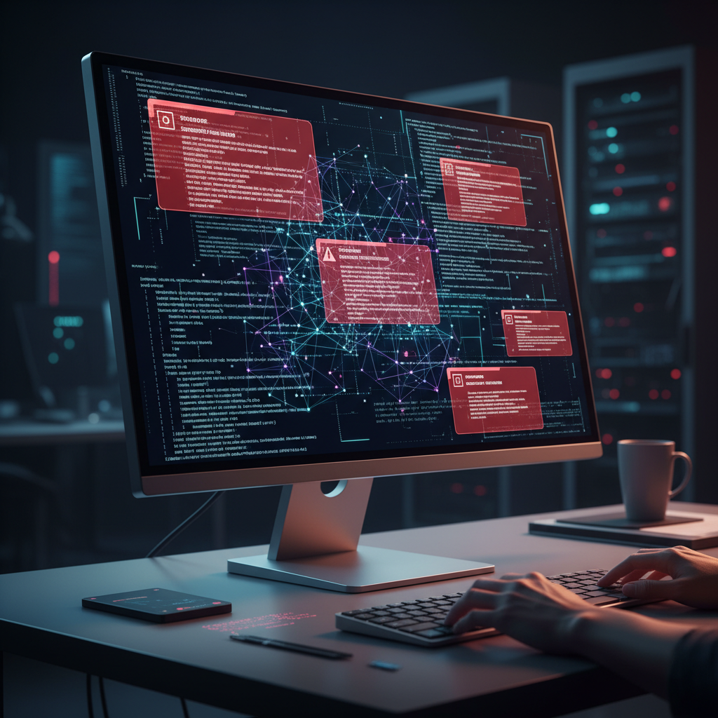 모니터에 표시된 빨간색 경고 메시지와 에러 코드