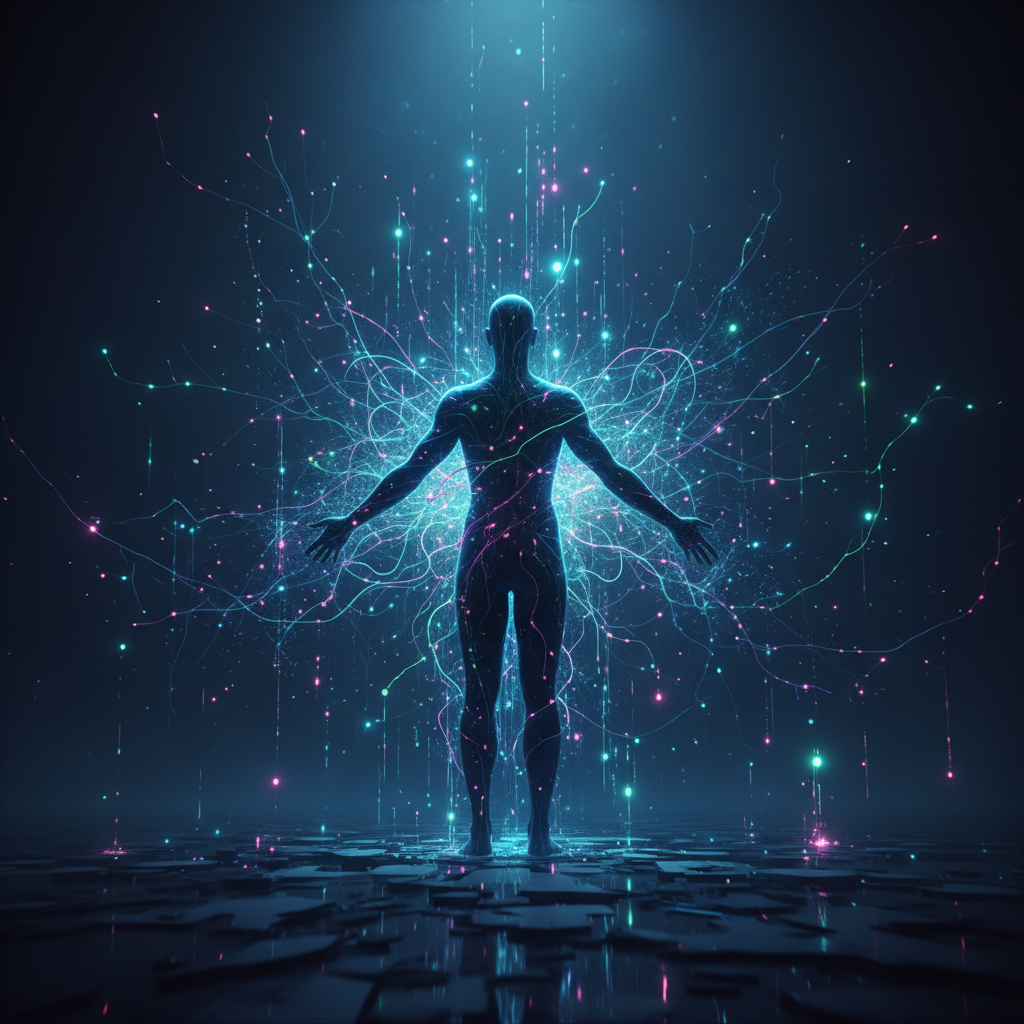 복잡하게 얽힌 디지털 코드와 인간의 형상