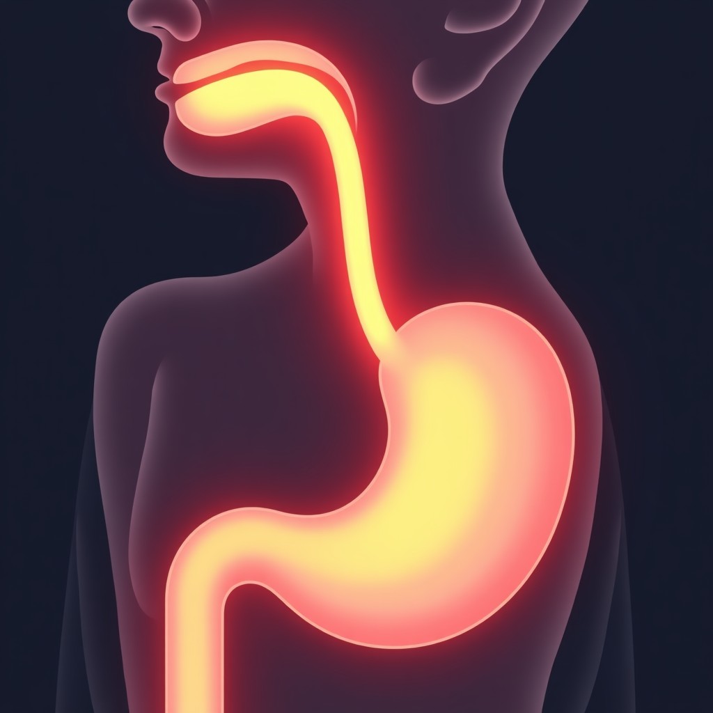 A clean educational illustration showing the anatomy of the esophagus and stomach with a subtle red glow effect representing acid reflux, soft colors, minimal style, 4:3