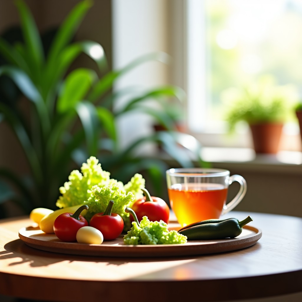 A healthy meal setup on a table with fresh vegetables and warm tea, natural daylight, lifestyle photography, peaceful atmosphere, 4:3