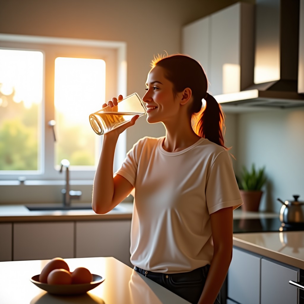 A happy person drinking water in a bright modern kitchen, morning sunlight, soft focus, lifestyle photography, 4:3