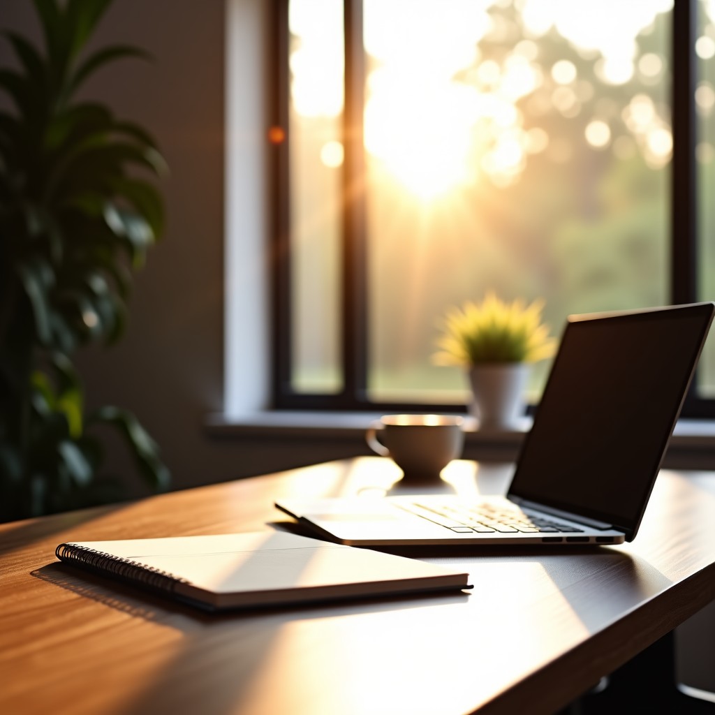 A clean desk with a laptop and a notebook, calm environment, warm morning sunlight streaming through the window, focus on analytical tools, interior design photography, high quality, 4:3