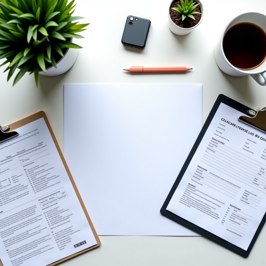 Top down view of a desk with organized financial documents, clean design, minimalist style, bright and balanced lighting, 4:3