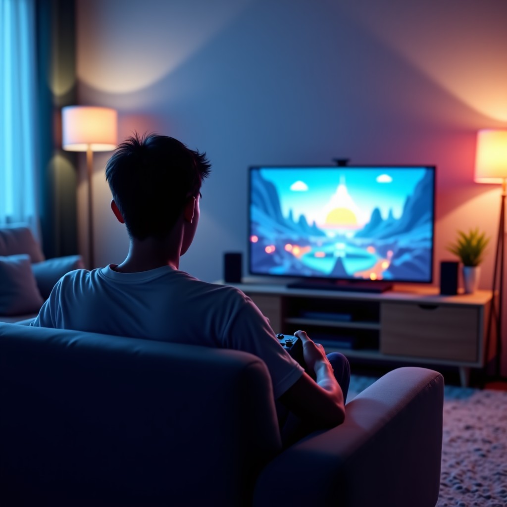 A person sitting on a comfortable couch playing a high-end video game, immersive atmosphere, realistic style, soft interior lighting, 4:3