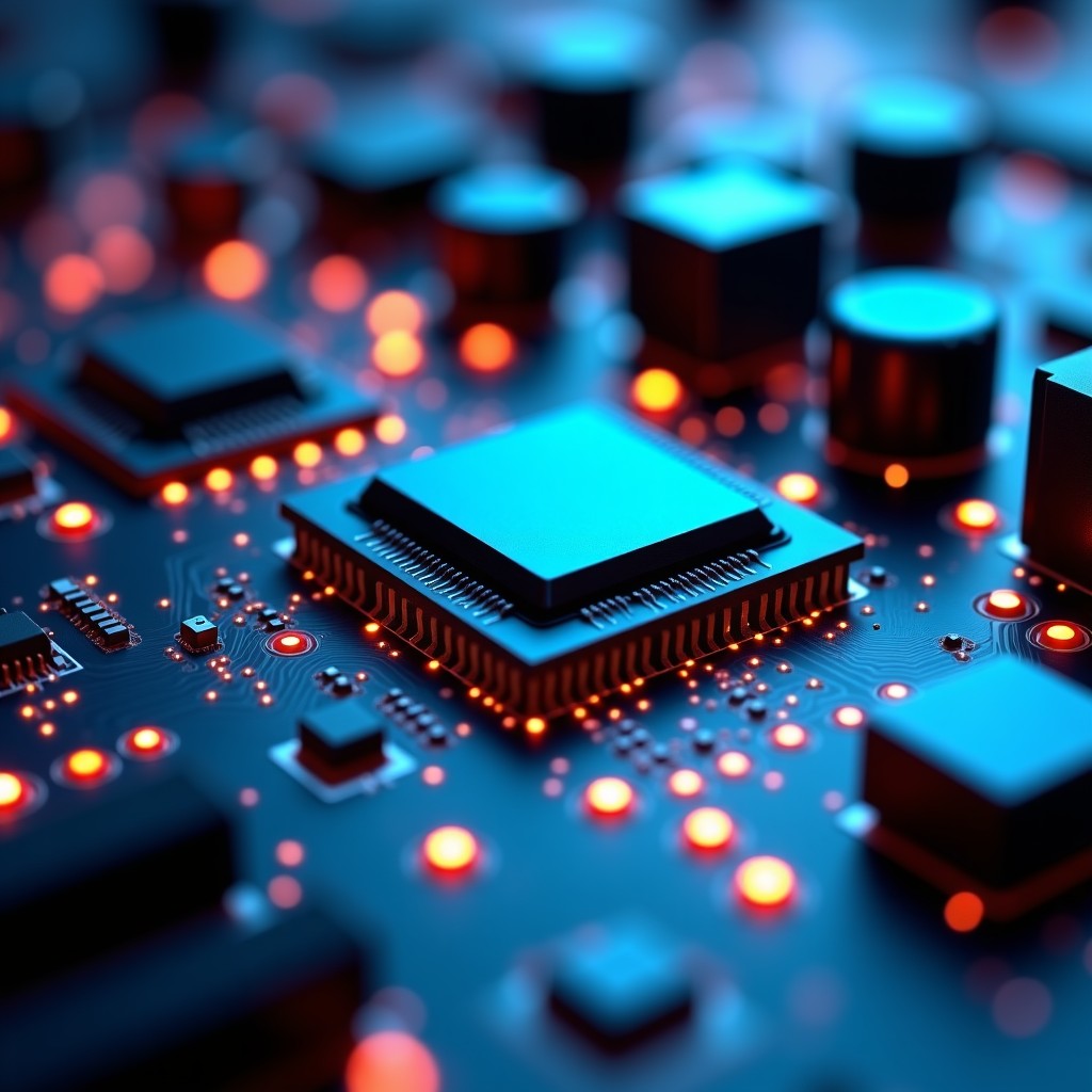 Close up of modern computer hardware circuits, semiconductors and motherboard components, macro photography, technical and sophisticated, 4:3