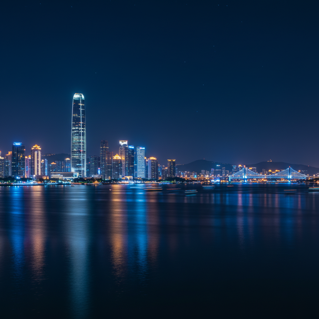 칭다오의 야경과 화려한 조명