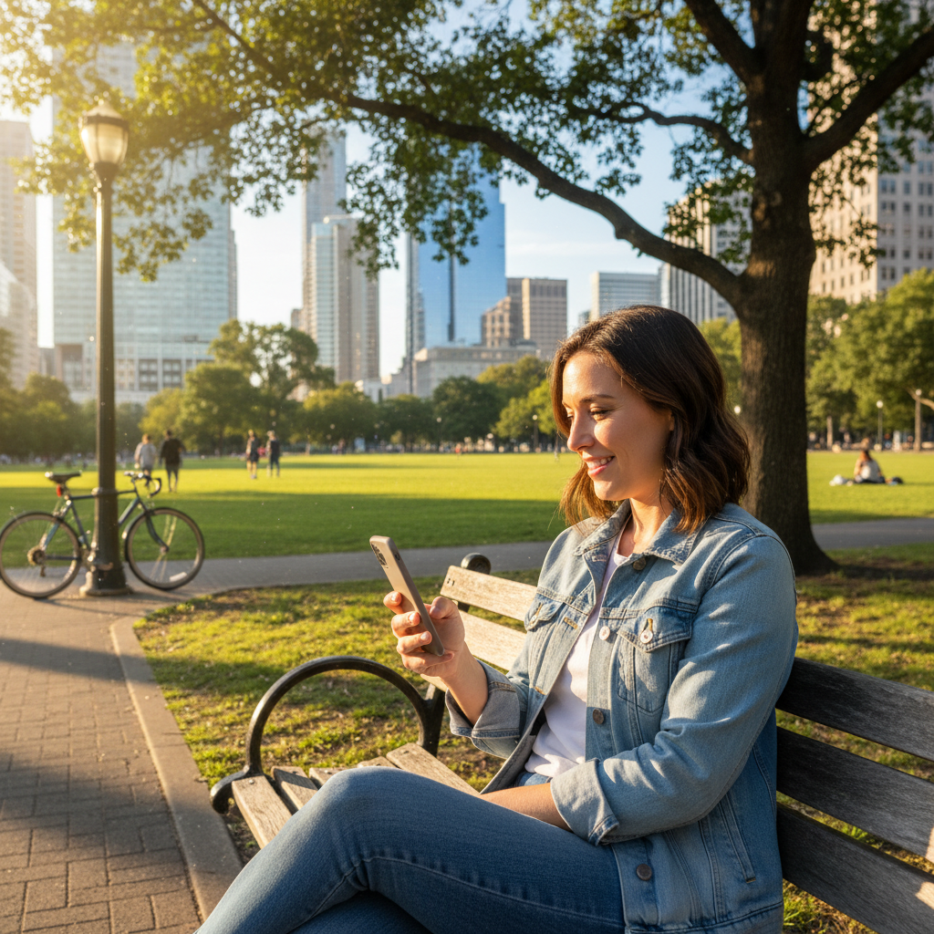 야외에서 자연스럽게 스마트폰을 사용하는 모습