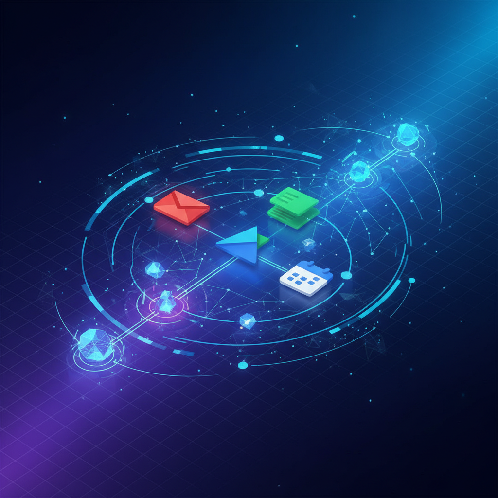 구글 워크스페이스 아이콘들과 연동된 데이터 흐름 시각화