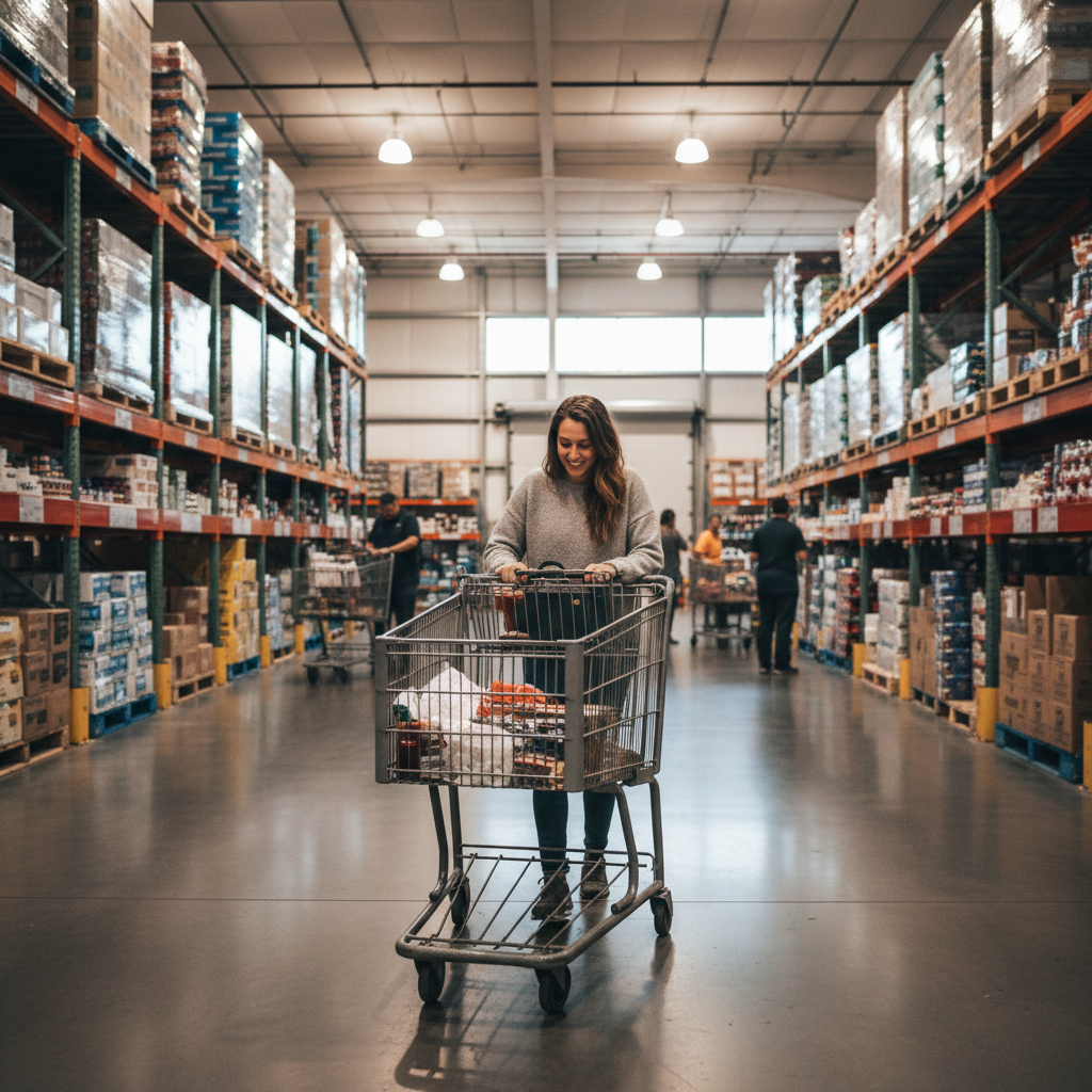 대형 카트를 밀며 트레이더스 매장을 둘러보는 사람