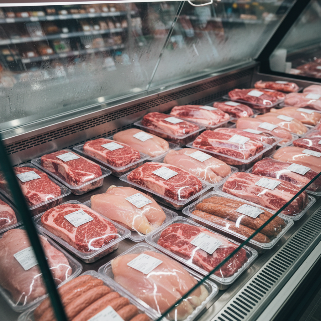 신선한 고기들이 진열된 대형 냉장 매대