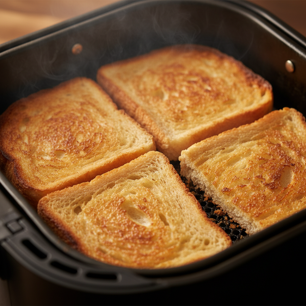 에어프라이어에 구워지고 있는 식빵