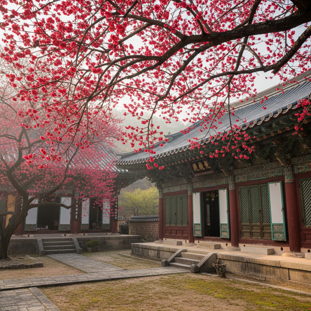 화엄사 각황전 앞의 홍매화