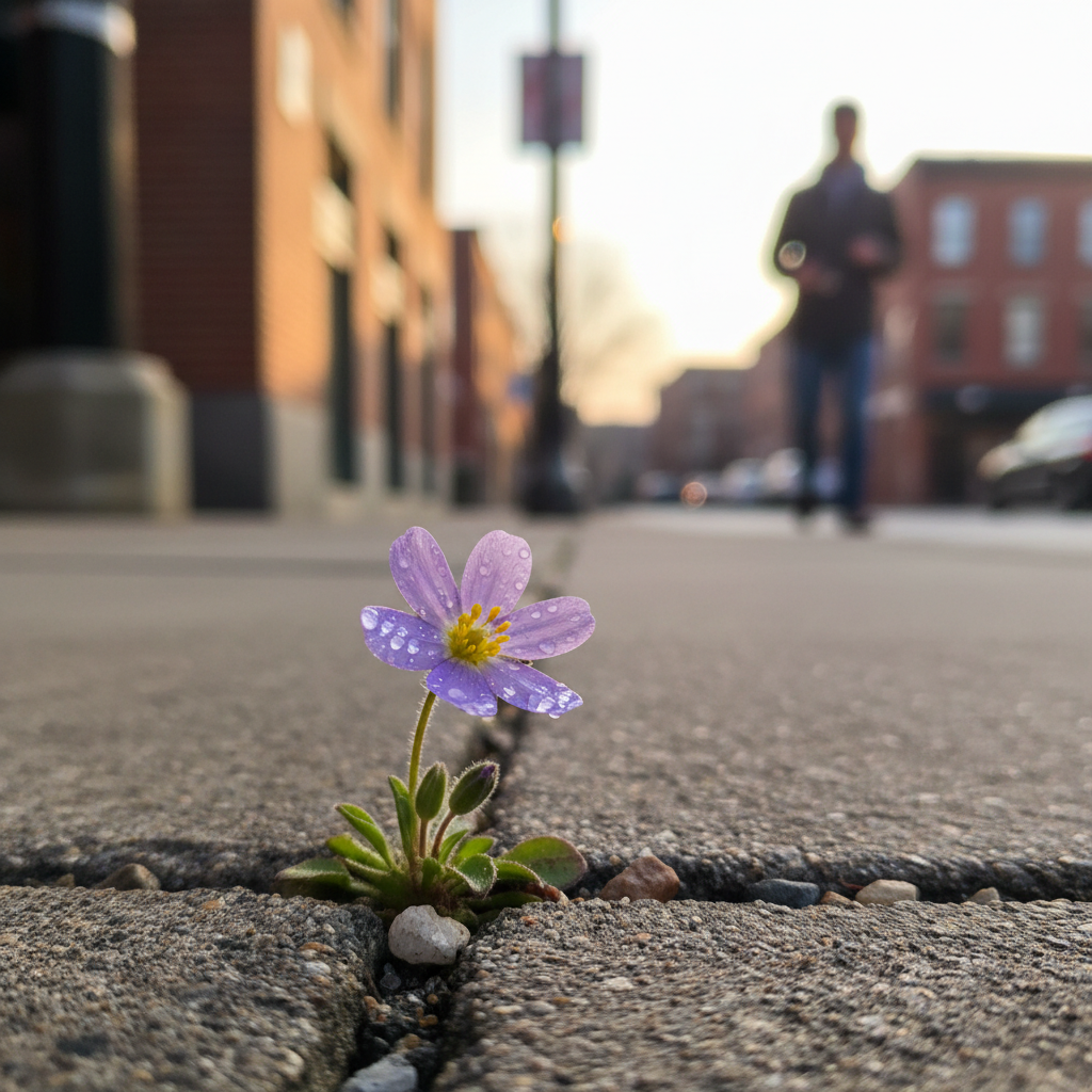 길가에 핀 작은 꽃을 바라보는 시선
