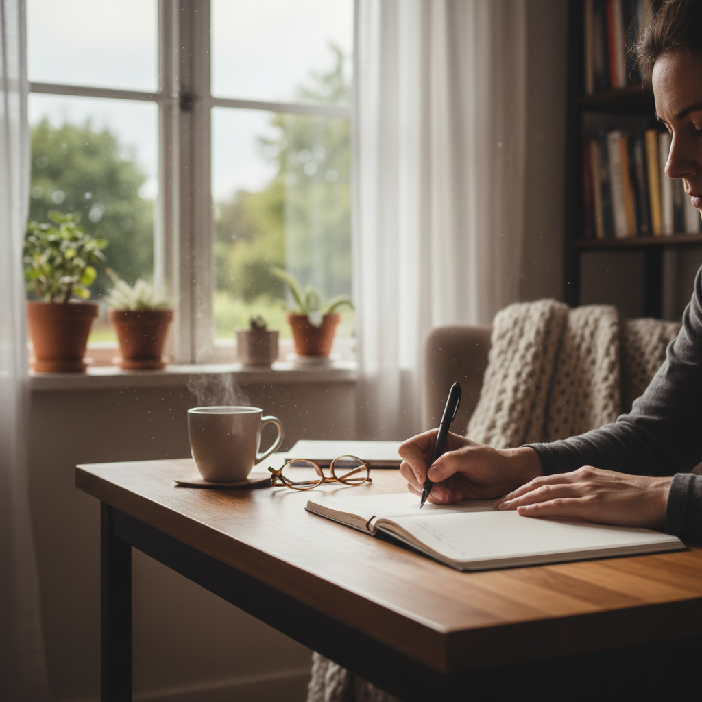 노트에 글을 쓰는 차분한 손
